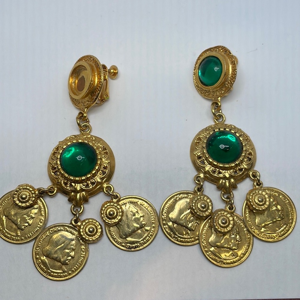Vintage Large Gold Tone Clip on Earrings with green crystals- sold as is